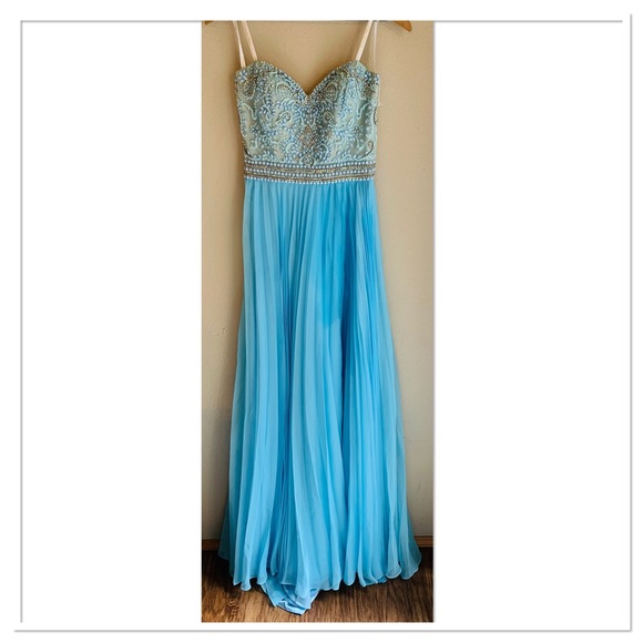 Cassandra Stone Evening Gown Beaded Jewel Bodice Pleated Long Dress Blue Size 4 - Picture 1 of 15